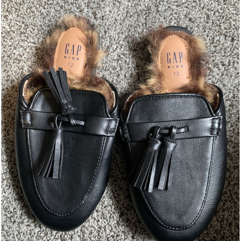 Gap Kids Cheetah Faux Fur Slip On Black Mules Tassels Size 12 slides